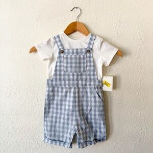 Starting Out Baby Boys Light Blue/Grey Gingham Overalls + White T-Shirt Set